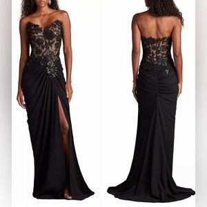 NWOT Tadashi Shoji Dresden Draped Sequin Embroidered Strapless Black Gown Sz 14